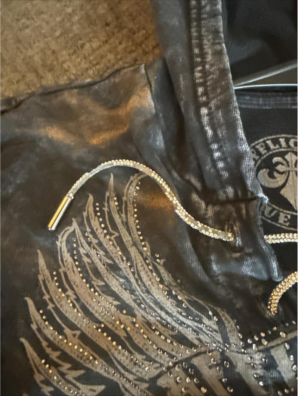 Vtg Y2K Affliction Women's Crop Hoodie Cross Wings Black Size Medium Faded - Picture 7 of 13